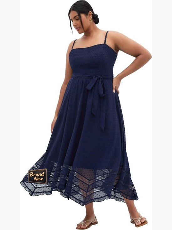 Dresses & Skirts - Plus Size Cocktail Dress with Lace Trim Adjustable Straps Midi Length